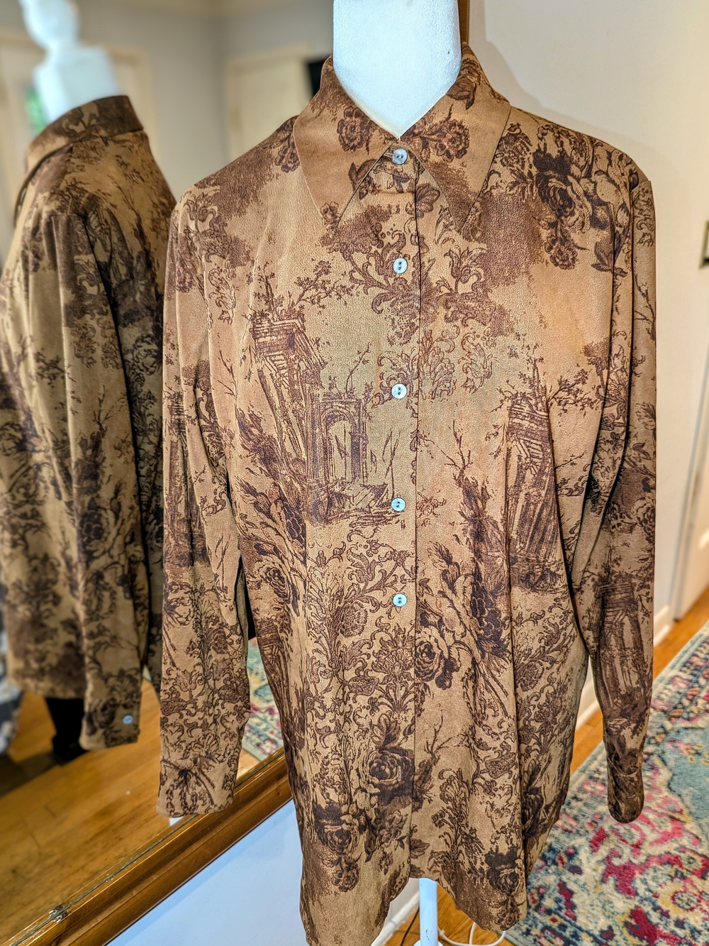 Soft Surroundings Brown Toile Enchating Rose Floral Long Tunic Shirt Top Lux